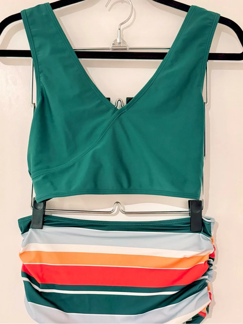 Nani Emerald Green V-Neck Bikini Set with Multi-Stripe Ultra High-Waist Bottoms